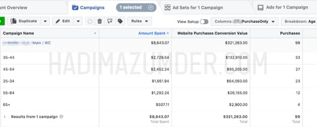 Facebook Ads — $8,643 spend, $321,263 conversion value